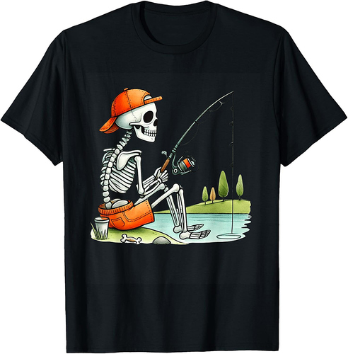 Skeleton Fishing Halloween Costume Funny Fishing Boys Kids T-Shirt