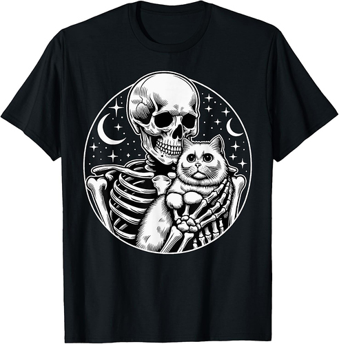Skeleton Holding A Cat Skull Graphic Spooky For Halloween Men Women Kids T-Shirt