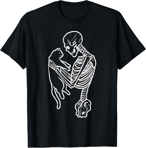 Skeleton Holding Cat Funny Halloween Costume Men Women Kids T-Shirt