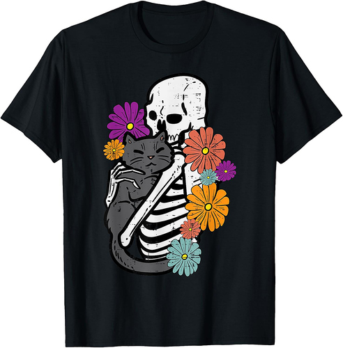 Skeleton Hugging Black Cat Flowers Halloween Women Girls T-Shirt