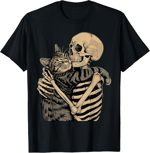 Skeleton Hugging Cat Halloween Cat Lover Cat Mom Dad T-Shirt
