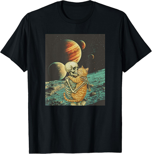 Skeleton Hugging Orange Cat Halloween Cat Lover Vintage T-Shirt for Men Women Kids