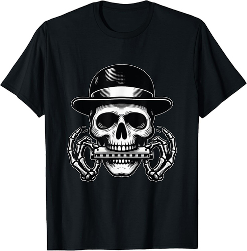 Skeleton Playing Harmonica Halloween T-Shirt