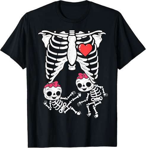 Skeleton Pregnancy Shirt Girl Twins X-Ray Pregnant Halloween T-Shirt