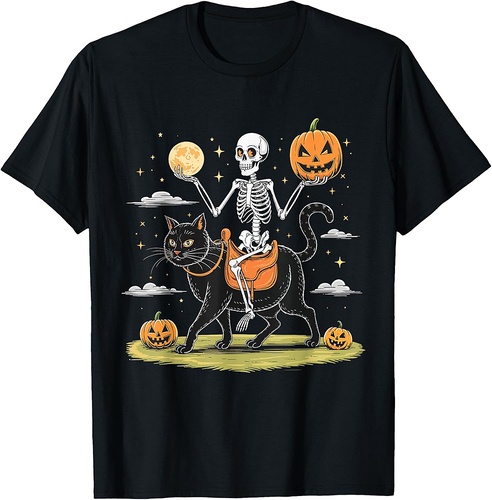 Skeleton Riding Black Cat Shirt Funny Halloween Horror Night Men Women Kids T-Shirt