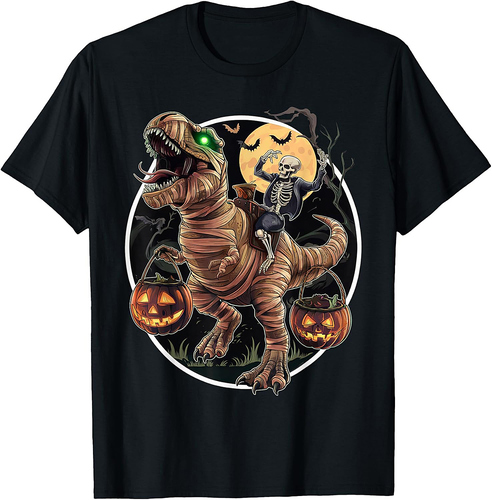 Skeleton Riding Mummy Pumpkin T Rex Dinosaur Funny Halloween T-Shirt