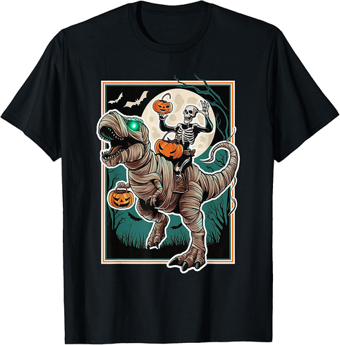 Skeleton Riding Mummy Pumpkin T Rex Dinosaur Funny Halloween T-Shirt