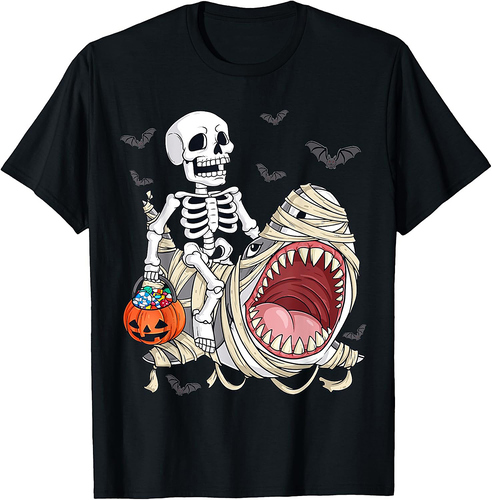 Skeleton Riding Mummy Shark Funny Halloween Pumpkin Kids T-Shirt