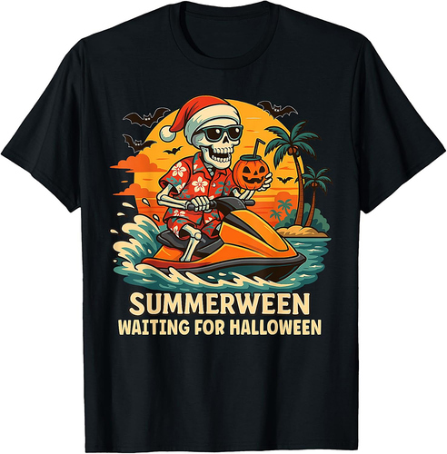 Skeleton Riding Water Scooter Summer Vibes Halloween Funny T-Shirt