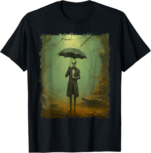Skeleton in the Rain – Vintage Goth Halloween T-Shirt