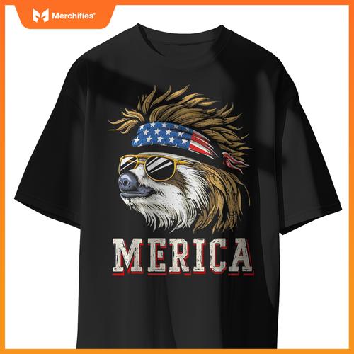 Sloth - Patriotic USA 4th of July American Flag Mullet Funny T-Shirt