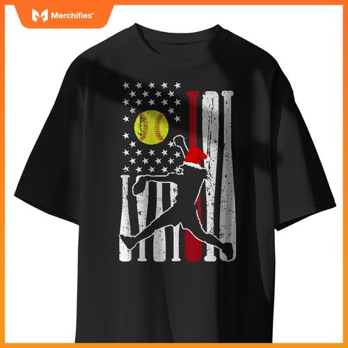 Softball USA Flag Santa Hat Patriotic Holiday Design T-Shirt