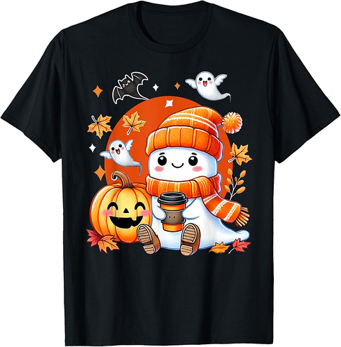 Spooky Cute Ghost Pumpkin Coffee Halloween Girls Fall Vibes T-Shirt