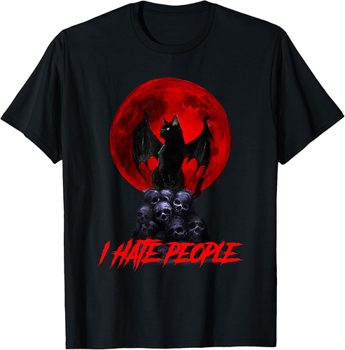 Spooky Evil Cat Vampire Hate People Halloween Red Moon T-Shirt for Men Women Kids