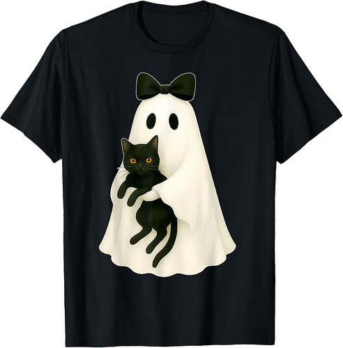 Spooky Ghost Holding Black Cat Halloween Coquette Bow T-Shirt