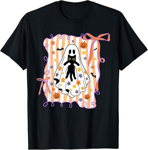 Spooky Ghost Holding Black Cat Halloween Coquette Bow Women T-Shirt