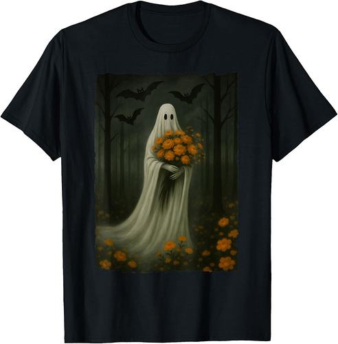 Spooky Ghost Holding Flowers in Forest Bats Halloween Art T-Shirt