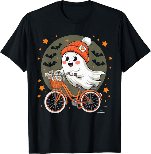 Spooky Ghost on Bike Funny Halloween Men Women Kids Boys T-Shirt