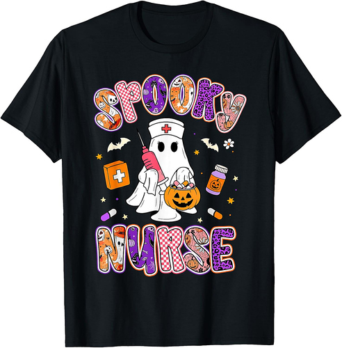 Spooky Nurse Ghost Retro Groovy Halloween Women Girls Kids T-Shirt