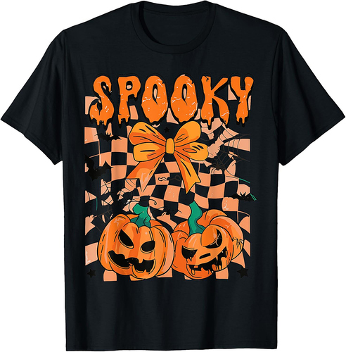 Spooky Season Coquette Bow Pumpkin Halloween Girl Women Kid T-Shirt