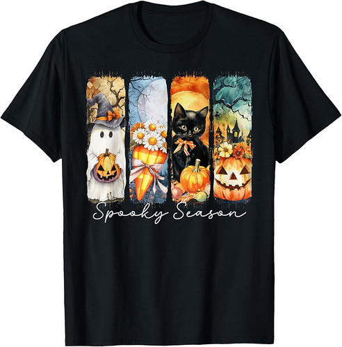 Spooky Season Ghost Black Cat Pumpkin Haunted Halloween Art T-Shirt