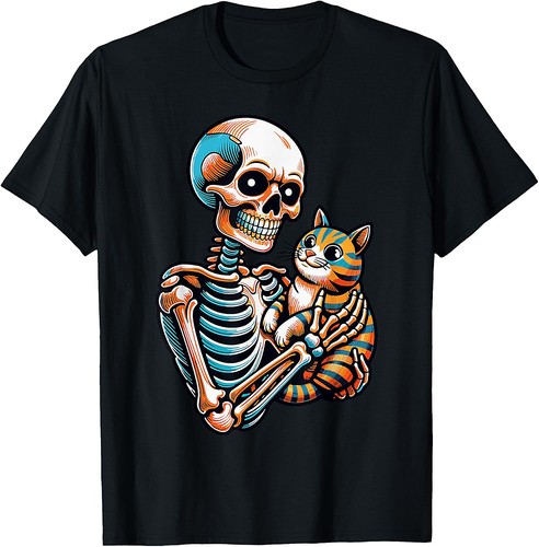 Spooky Skeleton Holding Cat Shirt Lazy Halloween Costume T-Shirt