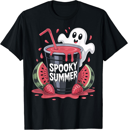 Spooky Summer Cute Kawaii Ghost Halloween Watermelon Graphic T-Shirt