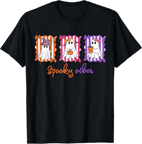 Spooky Vibes Ghost Retro Groovy Halloween Women Girls Kids T-Shirt