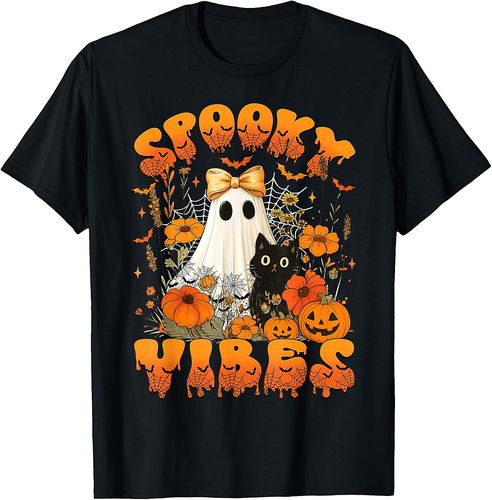 Spooky Vibes Lace Ghost Black Cat Floral Pumpkin Halloween T-Shirt