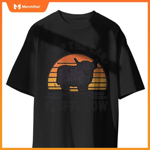 Stop The Car I See Fluffy Cow Retro Highland Cow Lover Funny T-Shirt