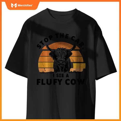 Stop The Car I See Fluffy Cow Retro Highland Cow Lover T-Shirt