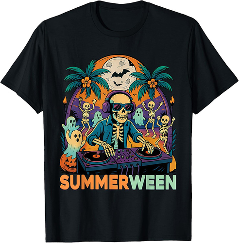Summerween DJ Skeleton Beach Party Halloween Music Vibes T-Shirt