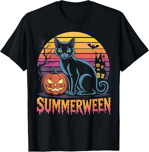 Summerween Funny Halloween Cat Pumpkin Retro Sunset T-Shirt
