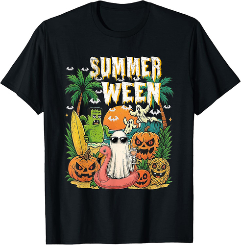 Summerween Ghost Beach Flamingo Halloween Summer T-Shirt