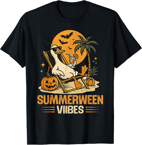 Summerween Goose Spooky Halloween Pumpkin Beach Summer Party T-Shirt