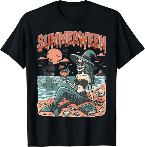 Summerween Mermaid Skeleton Beach Flamingo Halloween Girl T-Shirt