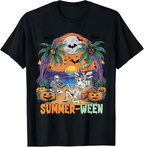 Summerween Skeleton Beach Rock Band Party Halloween Vibes T-Shirt