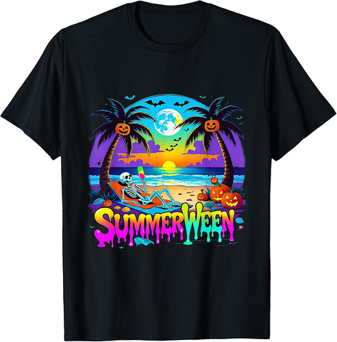 Summerween Skeleton Ghost Beach Funny Spooky Halloween T-Shirt