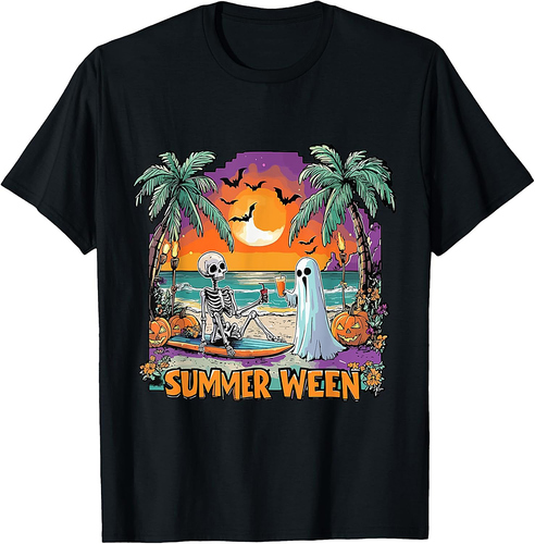 Summerween Skeleton Ghost Beach Party Halloween Vibes T-Shirt