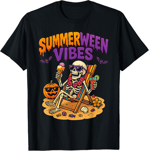 Summerween Skeleton Vibes Halloween Beach Family Vacation T-Shirt