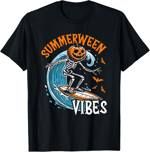 Summerween Vibes Skeleton Pumpkin Surfing Summer Halloween T-Shirt