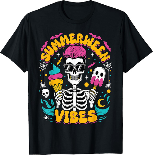 Summerween Vibes Skeleton Spooky Vacation Halloween Summer T-Shirt