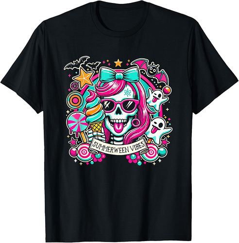 Summerween Vibes Skeleton Spooky Vacation Halloween Summer T-Shirt for Men Women Kids