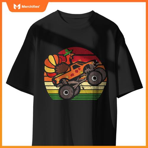 Thanksgiving Turkey Monster Truck Sunset Retro Boys Kids T-Shirt