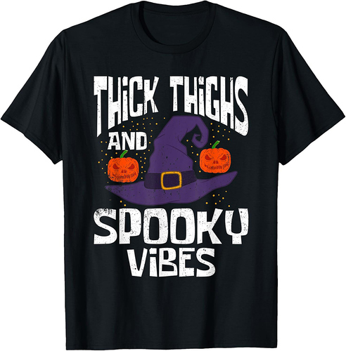 Thick Thigh And Spooky Vibes Halloween Witch Hat and Pumpkin T-Shirt