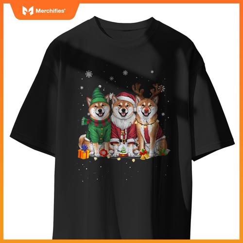 Three Shiba Inu Dogs Christmas Funny Santa Reindeer Xmas T-Shirt