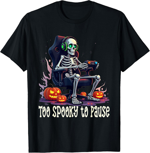 Too Spooky to Pause – Funny Halloween Skeleton Gamer T-Shirt