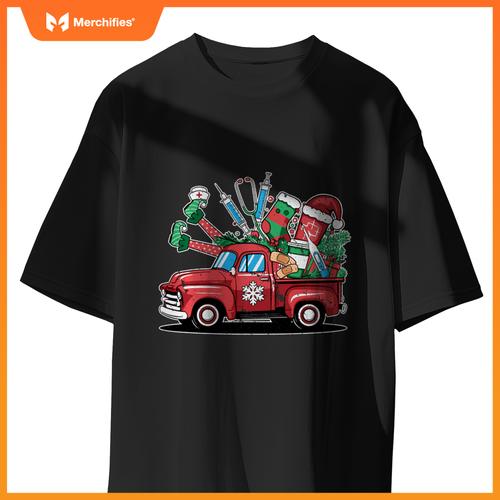 Truck Holly Xmas Jolly Nurse Women Pajamas Gifts Santa Hat T-Shirt
