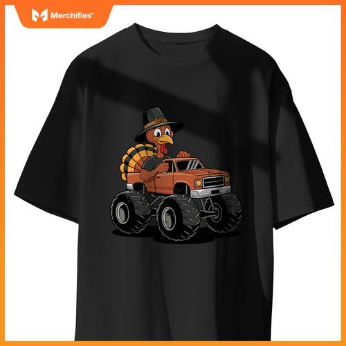 Turkey Riding Monster Truck For Boys girls Kids Thanksgiving T-Shirt