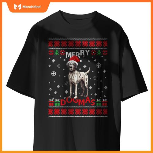 Ugly Funny Merry Dogmas Great Dane Xmas Dog Santa Hat Lights T-Shirt